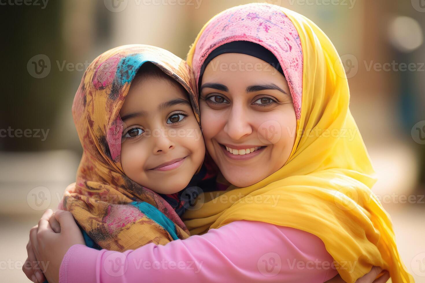 Closeup Portrait of Muslim Woman Hugging Her Daughter in Hijab, Eid Celebration, . photo