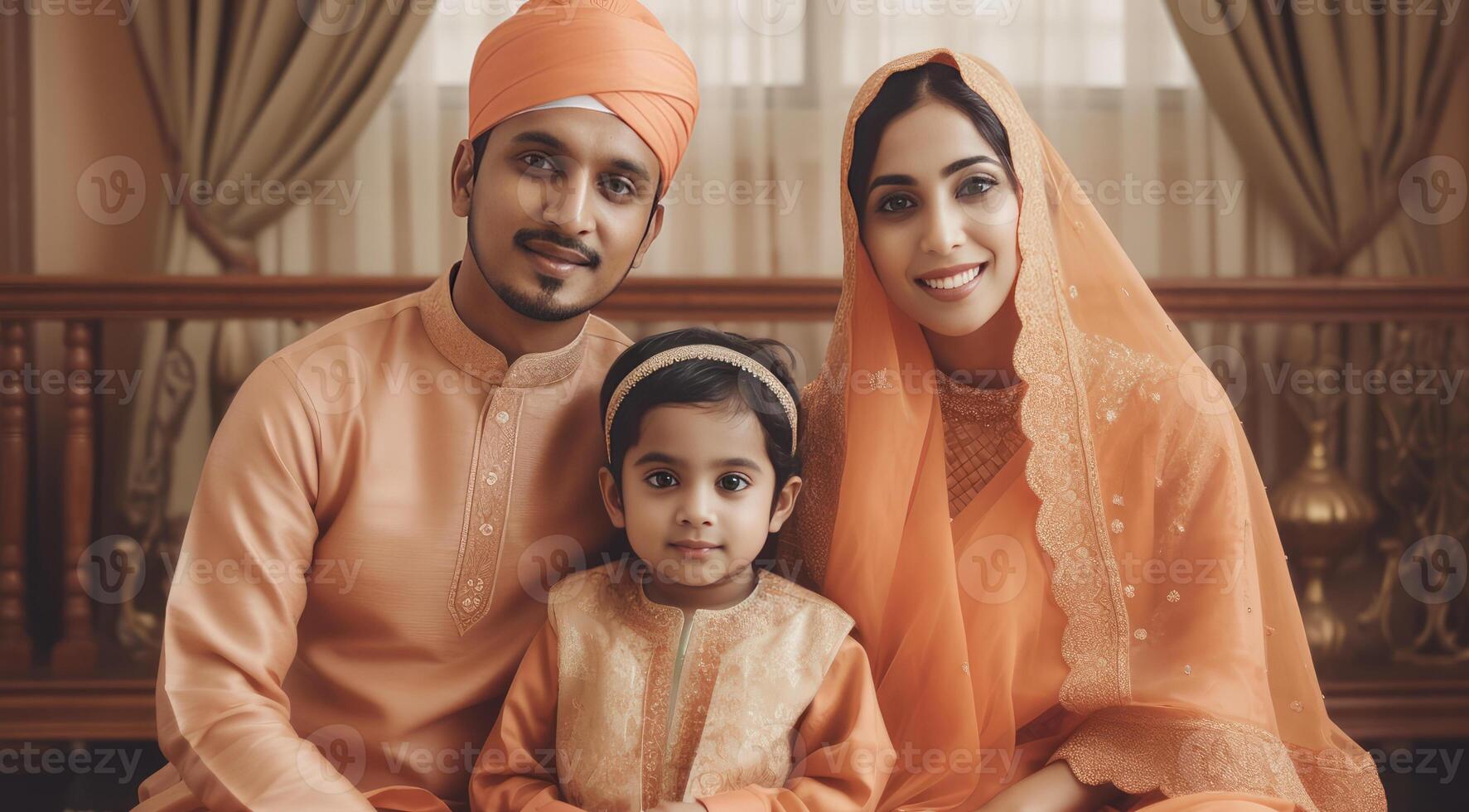 realista retrato de alegre musulmán familia vistiendo tradicional atuendo durante eid celebracion, generativo ai. foto