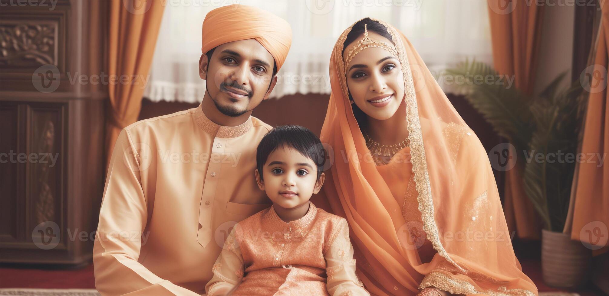 Realistic Portrait of Muslim Family Wearing Traditional Attire During Eid Celebration, . photo