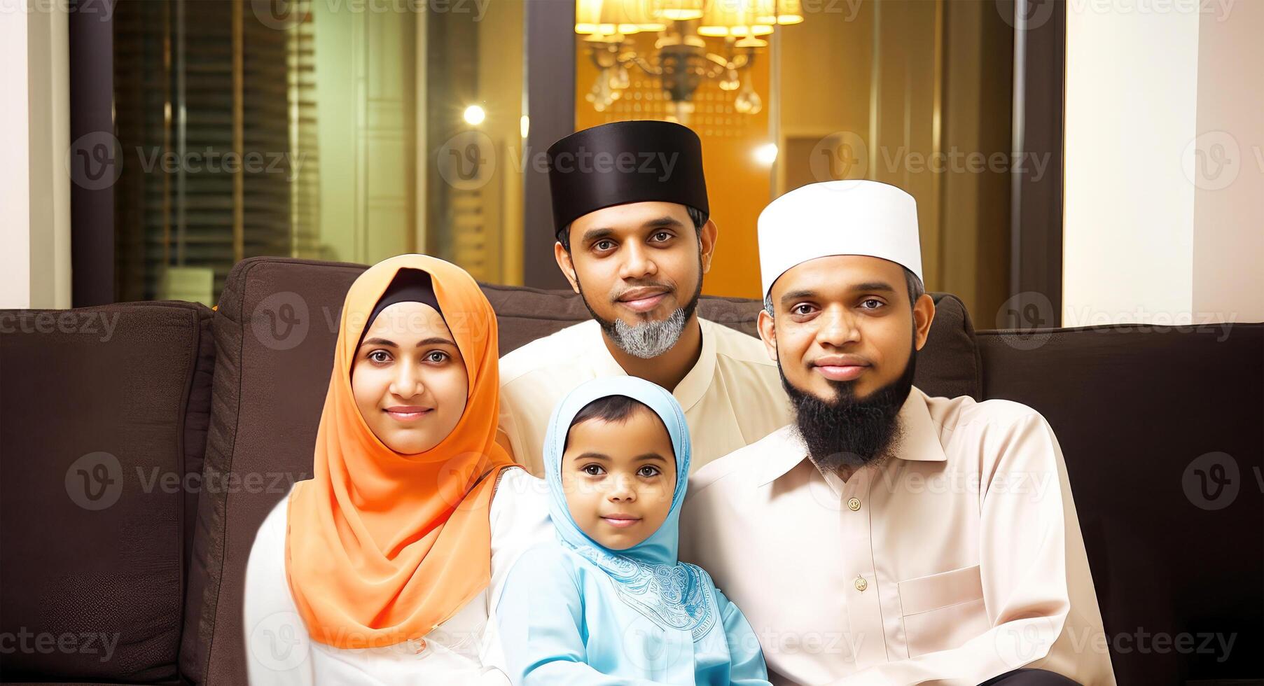realista retrato de contento musulmán familia vistiendo tradicional atuendo durante eid celebracion, generativo ai. foto