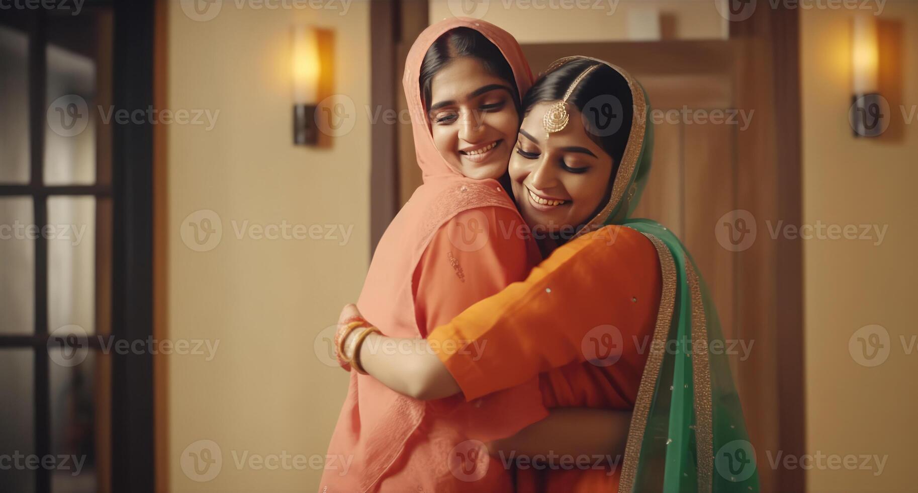 Two Muslim Women Wearing Traditional Lehenga And Chunni In Hugging Pose During Eid Celebration. photo
