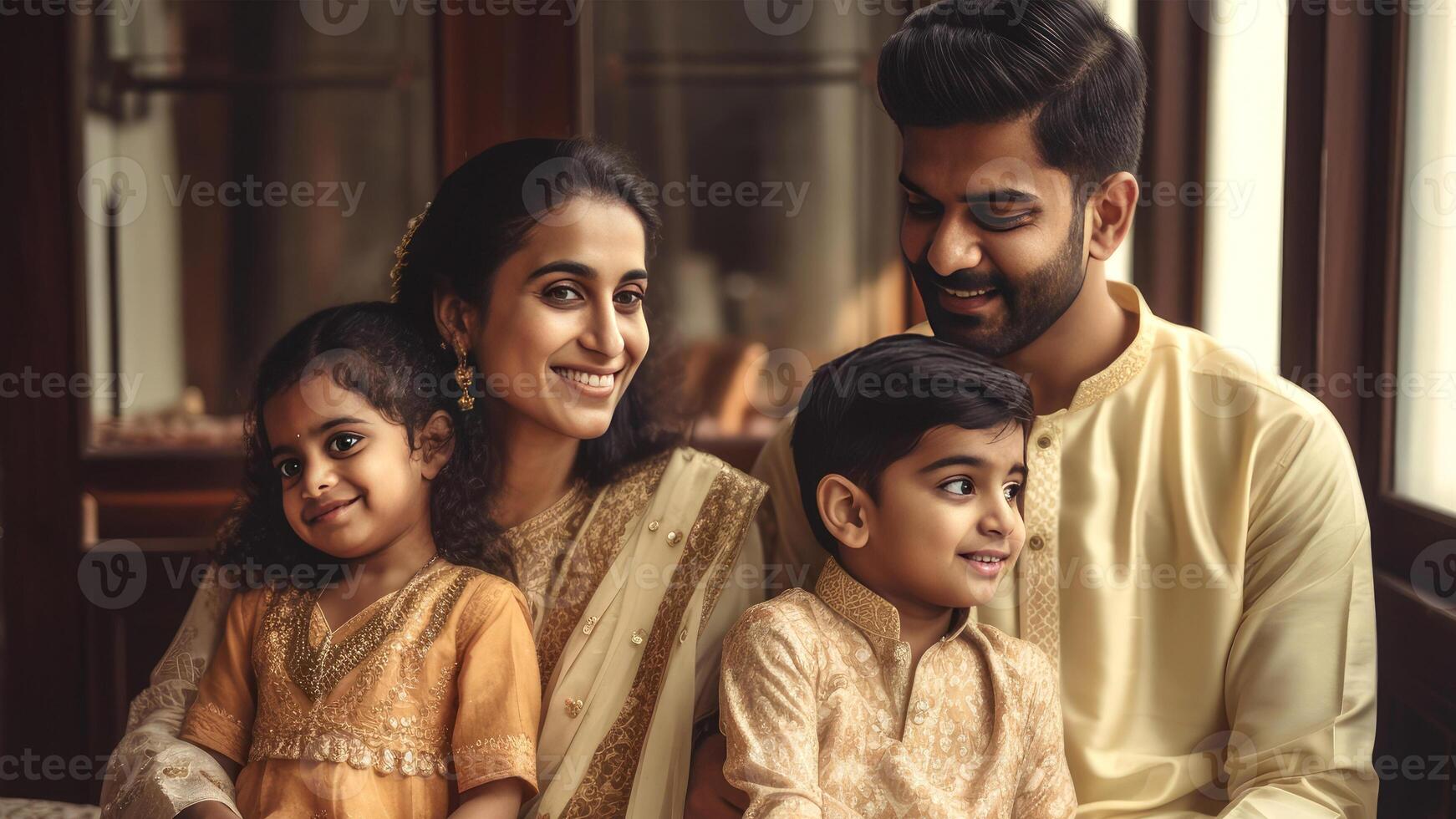 Realistic Portrait of Smiley Indian Family During Festival Celebration, . photo