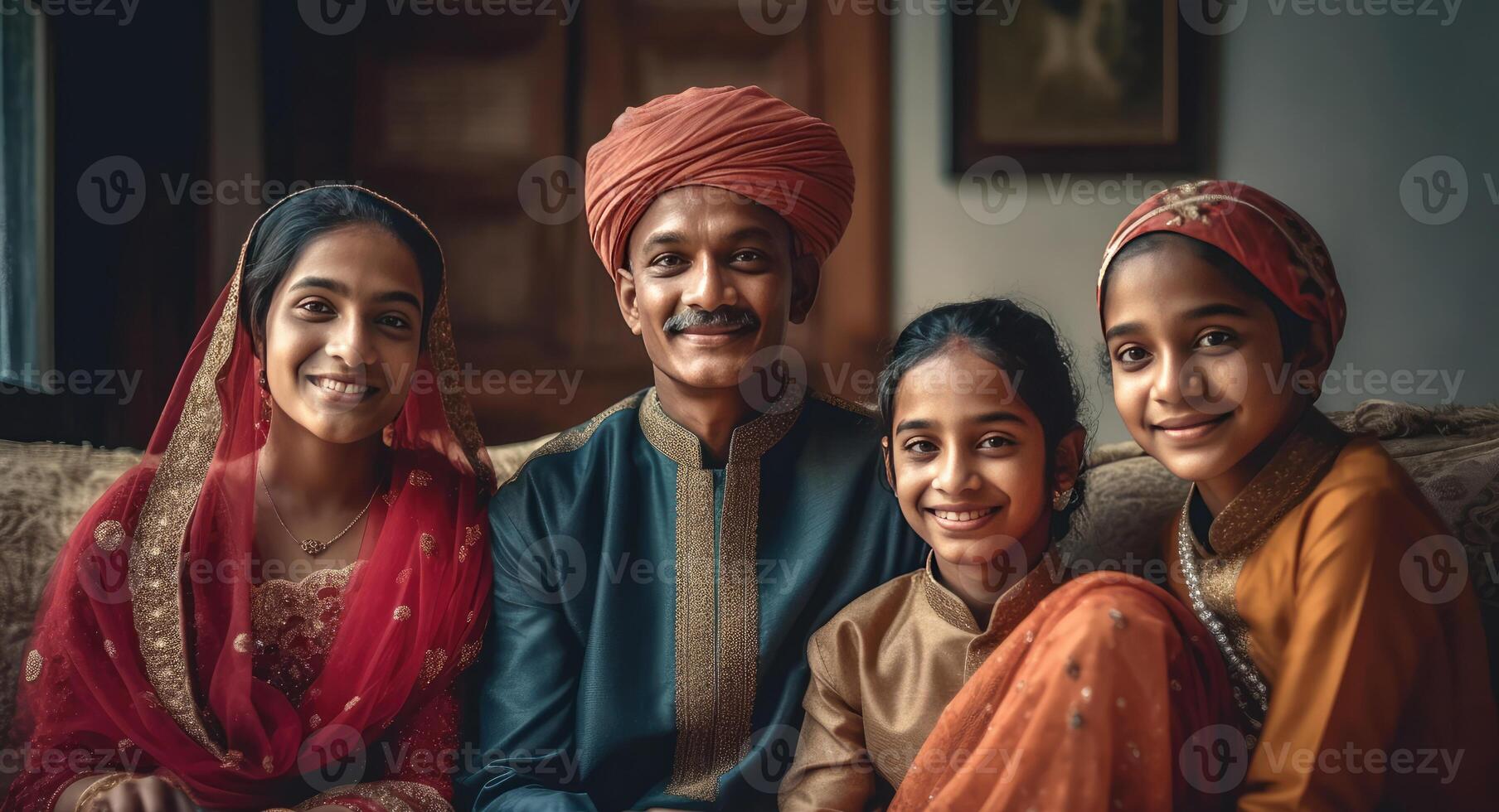 Realistic Portrait of Cheerful Muslim Family Wearing Traditional Attire During Eid Celebration, . photo