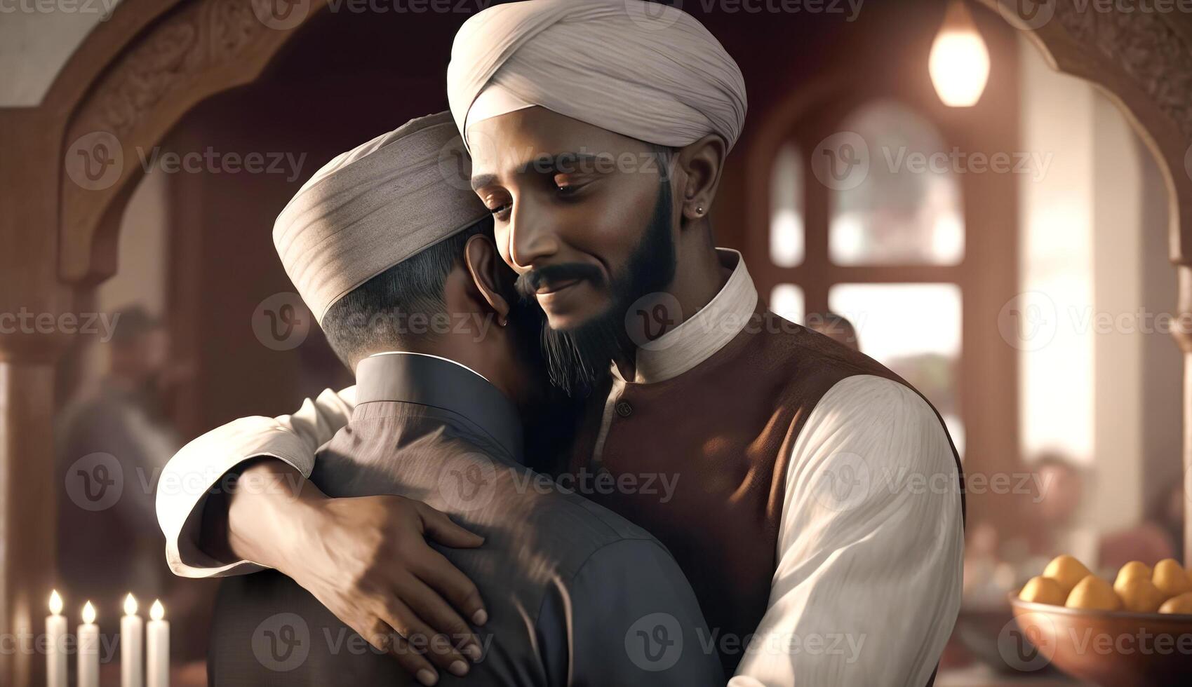 Muslim Men Character Hugging and Wishing Each Other on Blurred Interior Background, Eid Mubarak Day, . photo