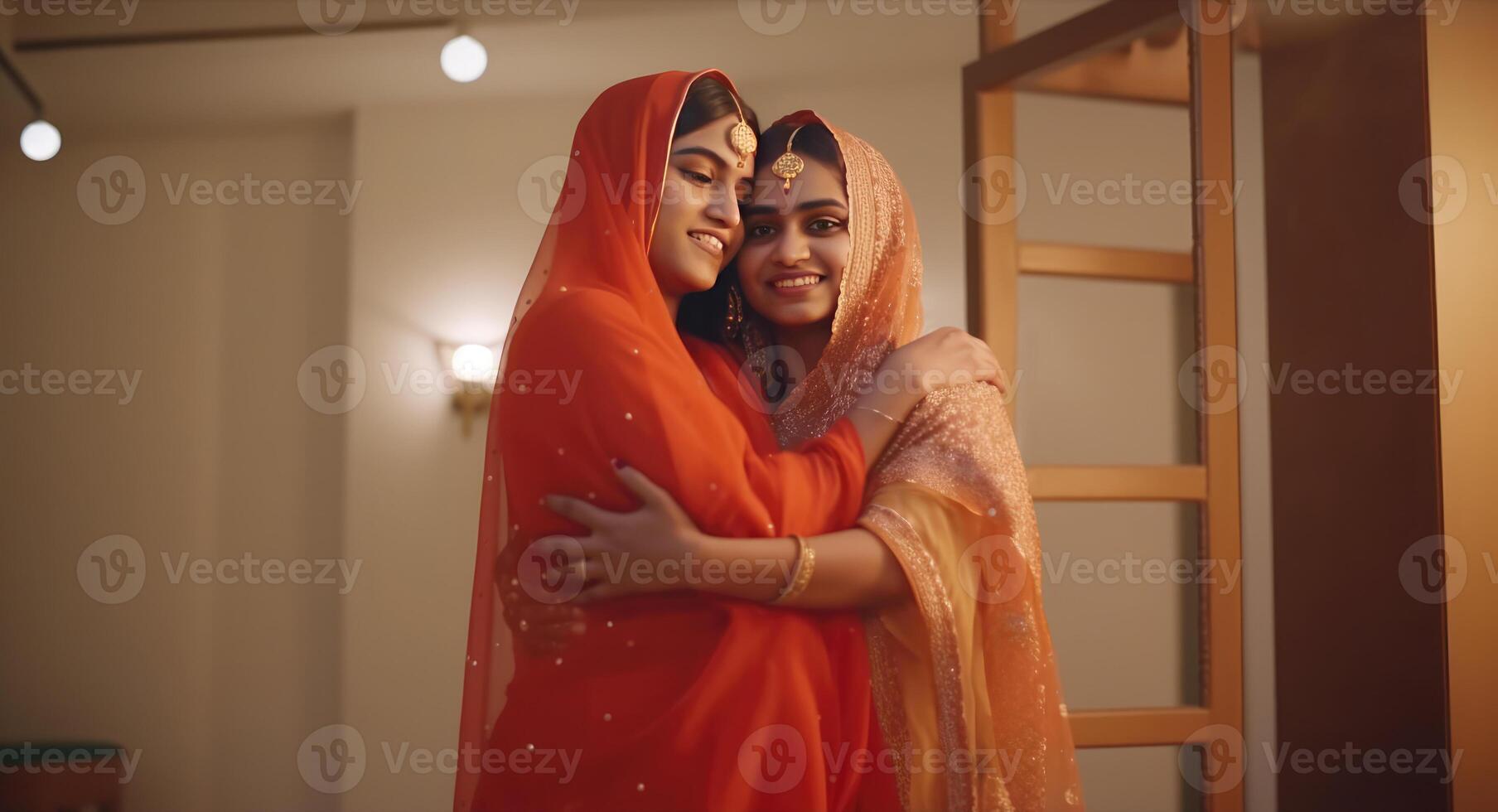 Two Muslim Women Wearing Traditional Lehenga And Chunni In Hugging Pose During Eid Celebration. photo