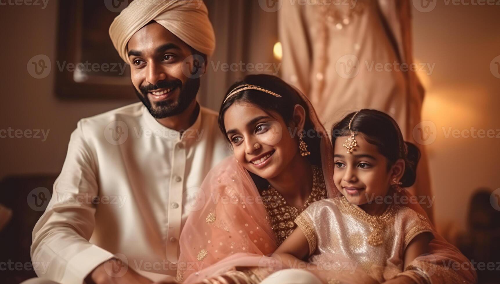Realistic Closeup Portrait of Cheerful Muslim Family Wearing Traditional Attire During Eid Celebration, . photo