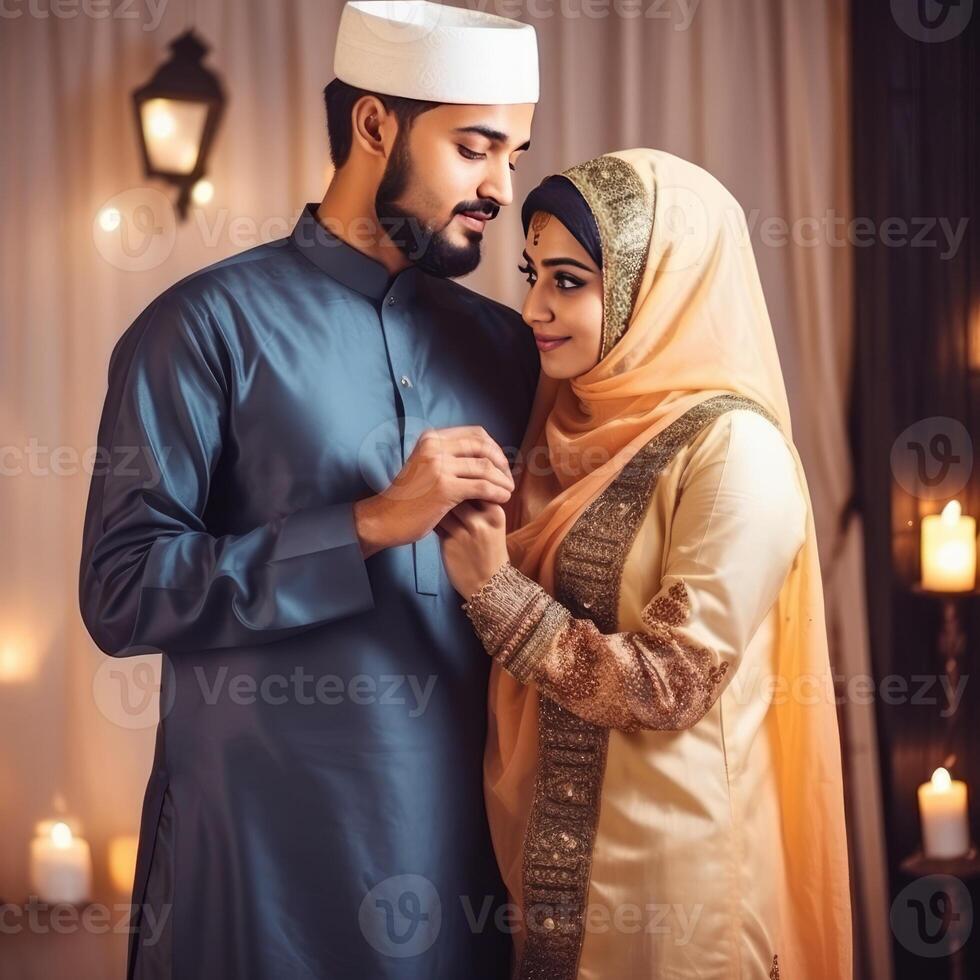 Realistic Portrait of Traditional Attire Romantic Muslim Couple in Standing Pose at Room, . photo