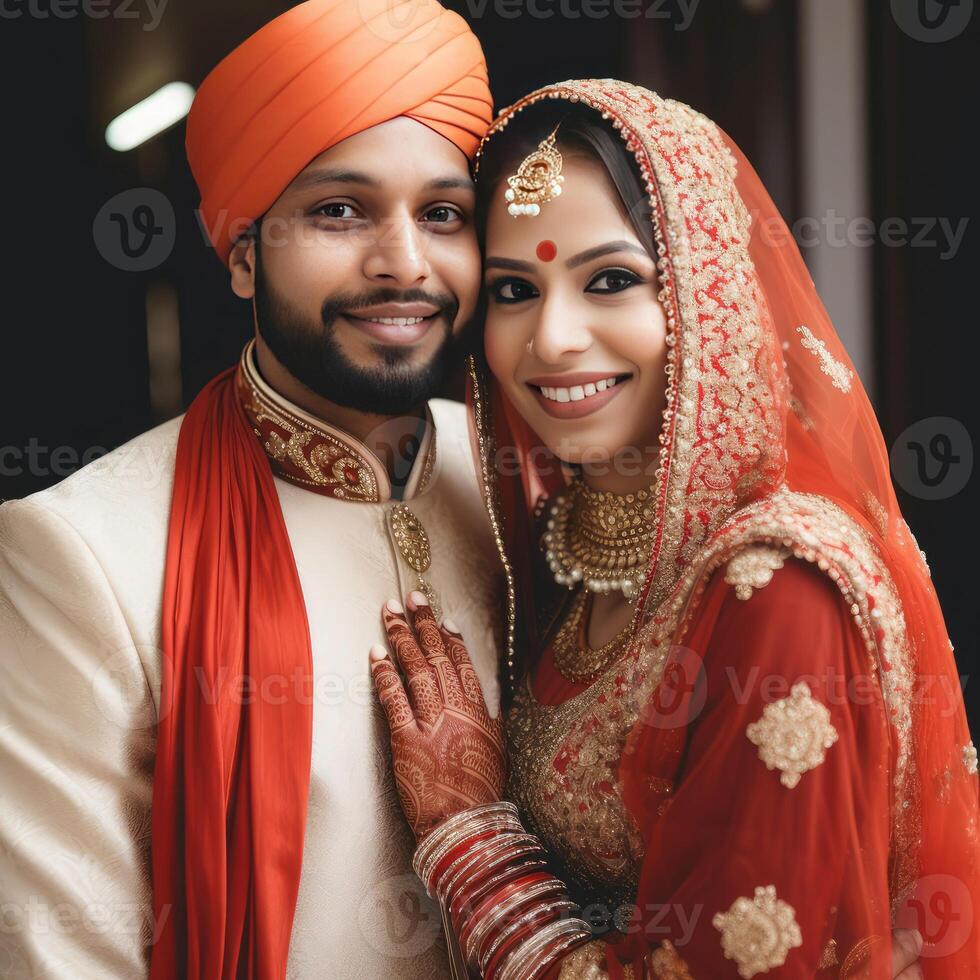 Closeup of Elegant Indian Wedding Couple Character, Digital Illustration. photo