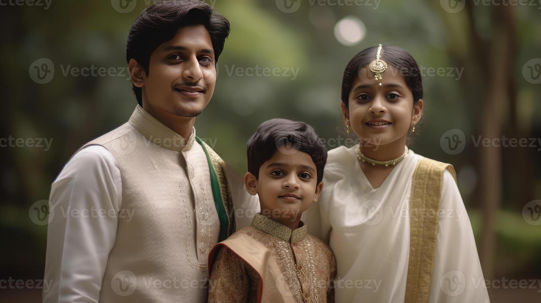 Realistic Portrait of Happy Indian Family on Blurred Nature Background, . photo