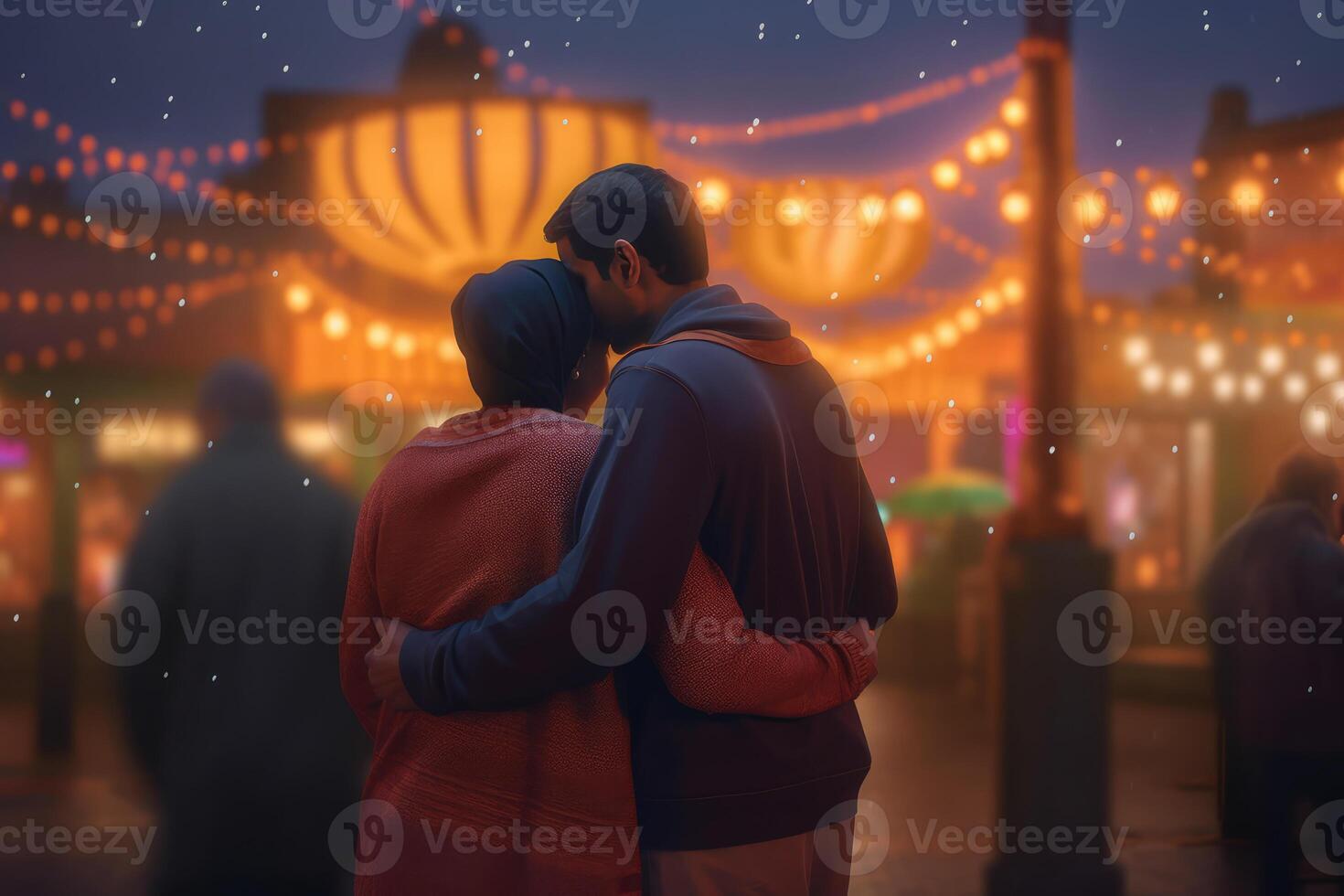 Rear View of Muslim Couple Character Embracing on Blurred Lighting Background, . photo
