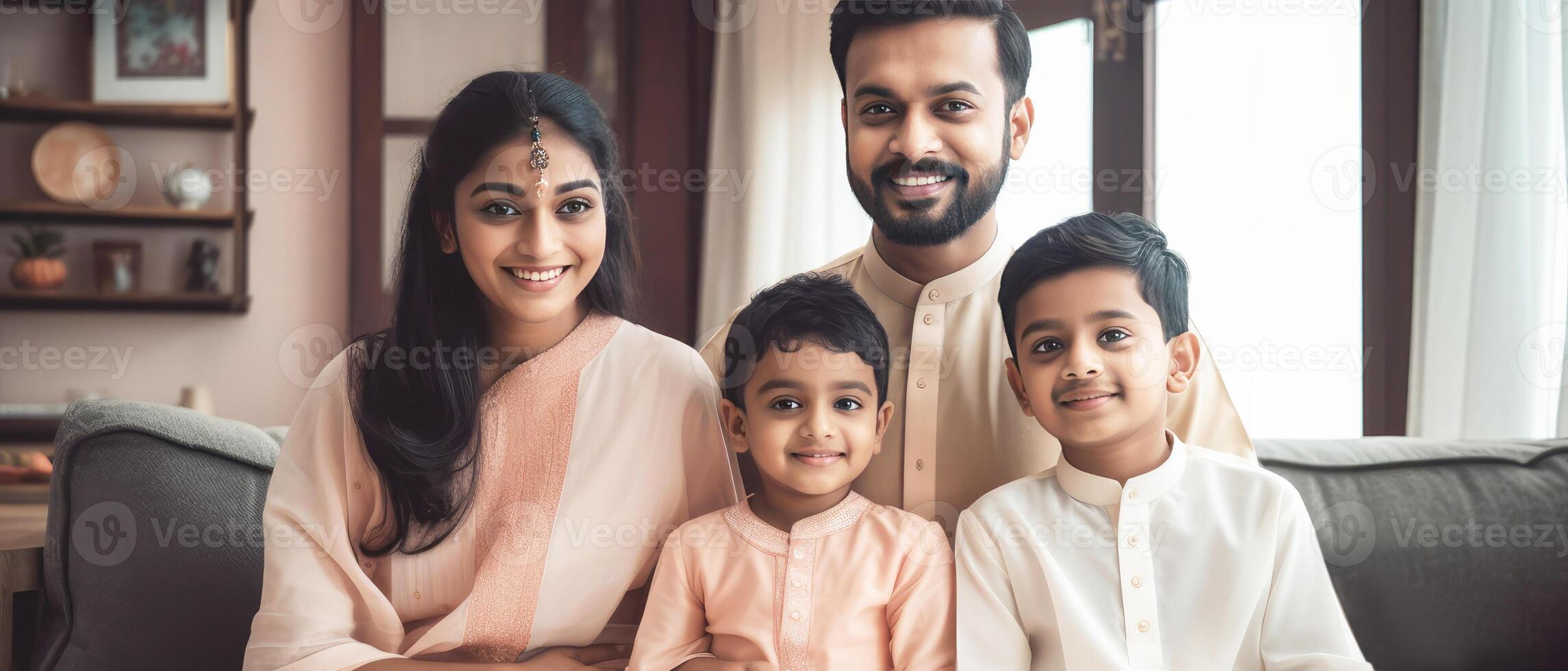 Realistic Portrait of Happy Indian Family Together During Ceremony, . photo