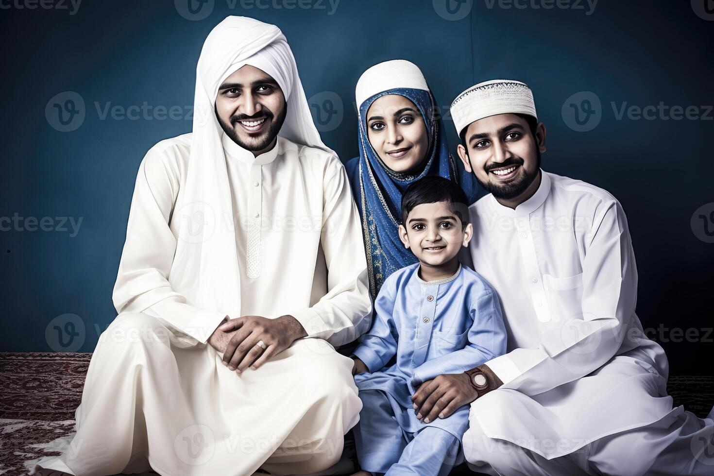 Smiley Arab Family Character Wearing Traditional Attire in Sitting Pose, Eid Celebration, . photo