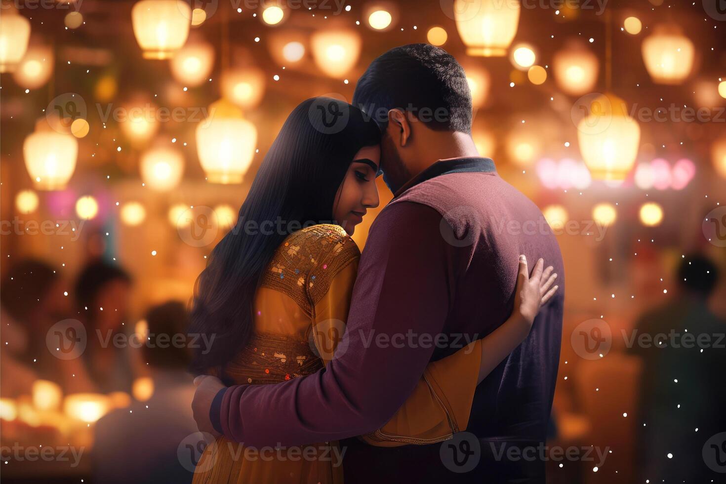 Rear View of Young Couple Character Embracing on Blurred Lighting Background, . photo