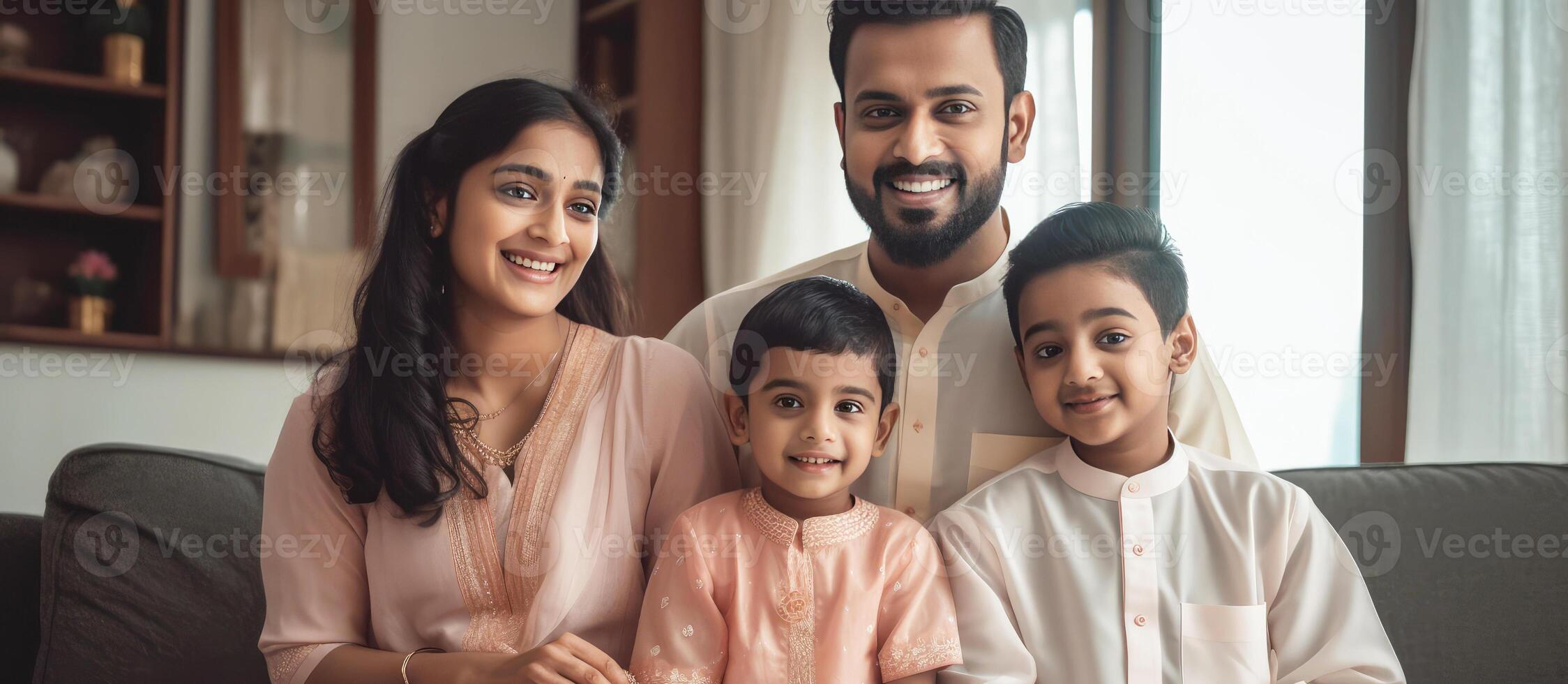 Realistic Portrait of Happy Indian Family Together During Ceremony, . photo