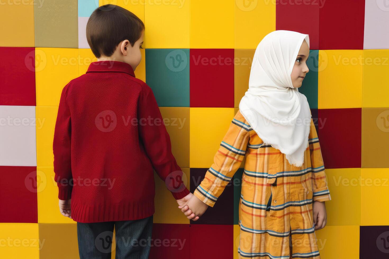 Young Muslim Boy and Girl Holding Hands on Multicolor Grid Pattern Background. Illustration. photo