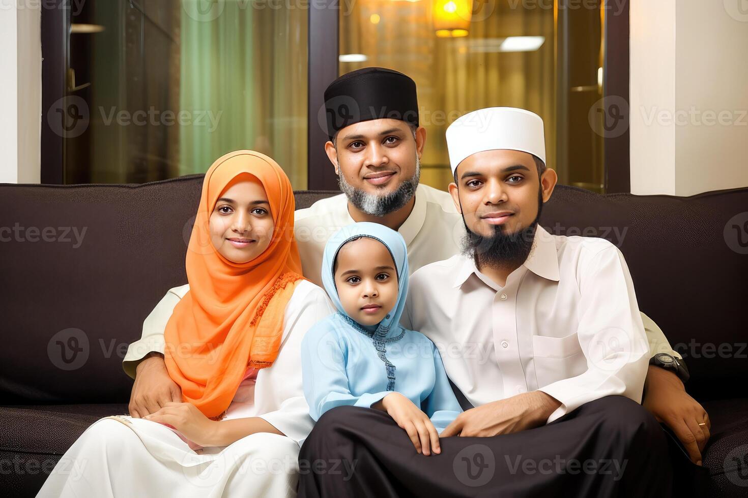 realista retrato de musulmán familia vistiendo tradicional atuendo y sentado juntos a sofá durante eid celebracion, generativo ai. foto