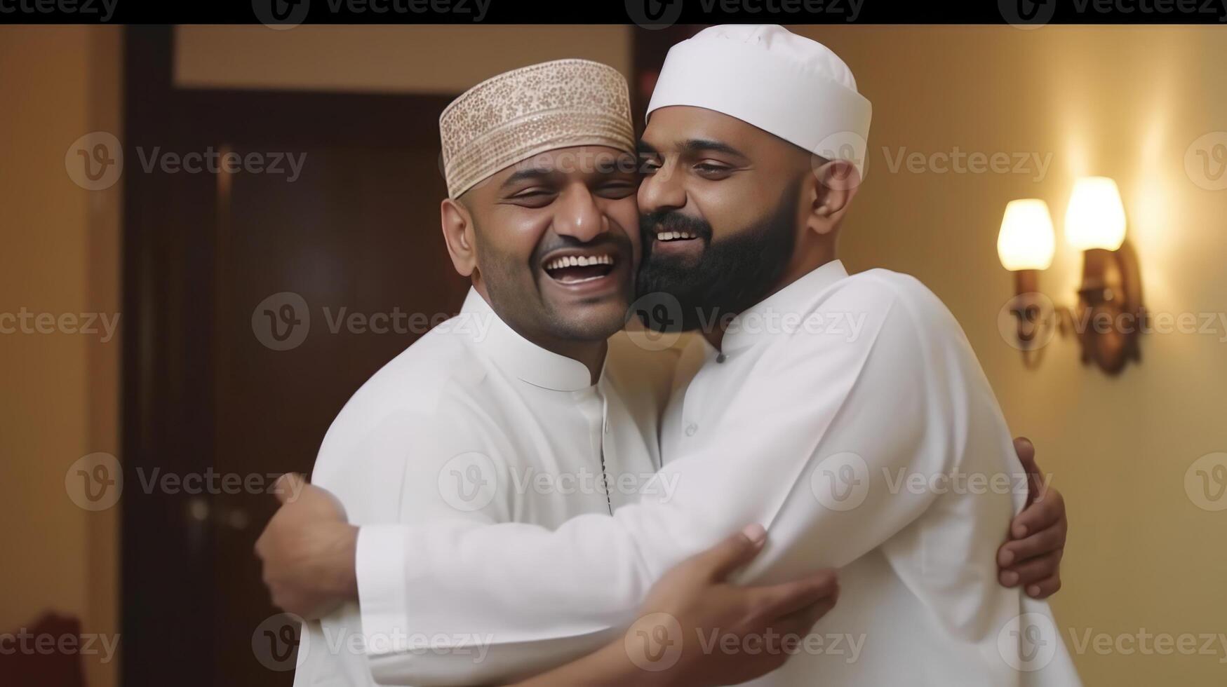 Realistic Portrait of Happy Two Muslim Men Wearing Skull Cap And Traditional Kurta In Hugging Pose at Room. Illustration. photo