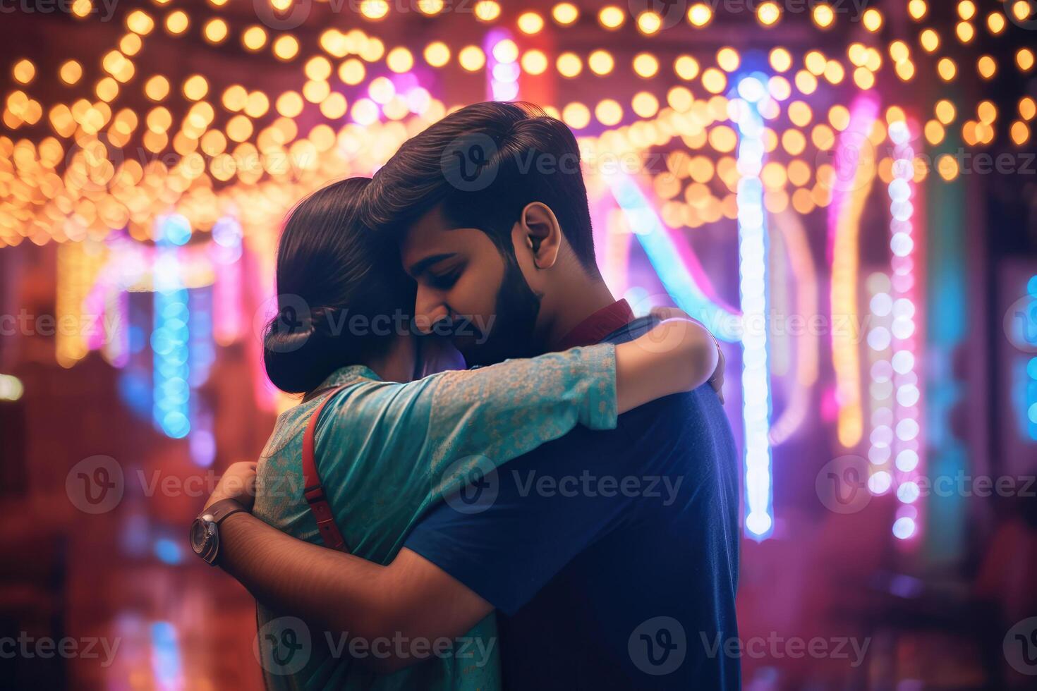 Side View of Young Couple Character Embracing on Blurred Lighting Background, . photo