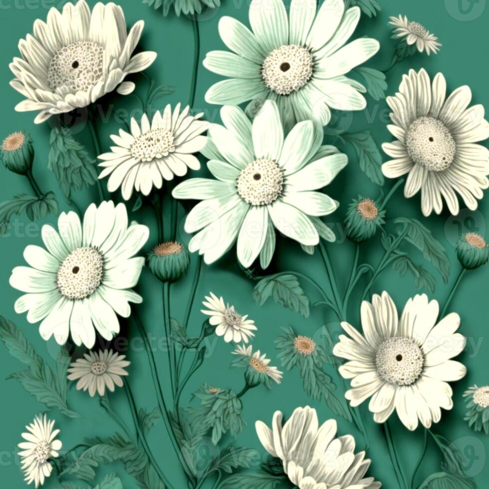 Vintage Style Daisies Floral Pattern On Teal Green Background. 3D Rendering. photo