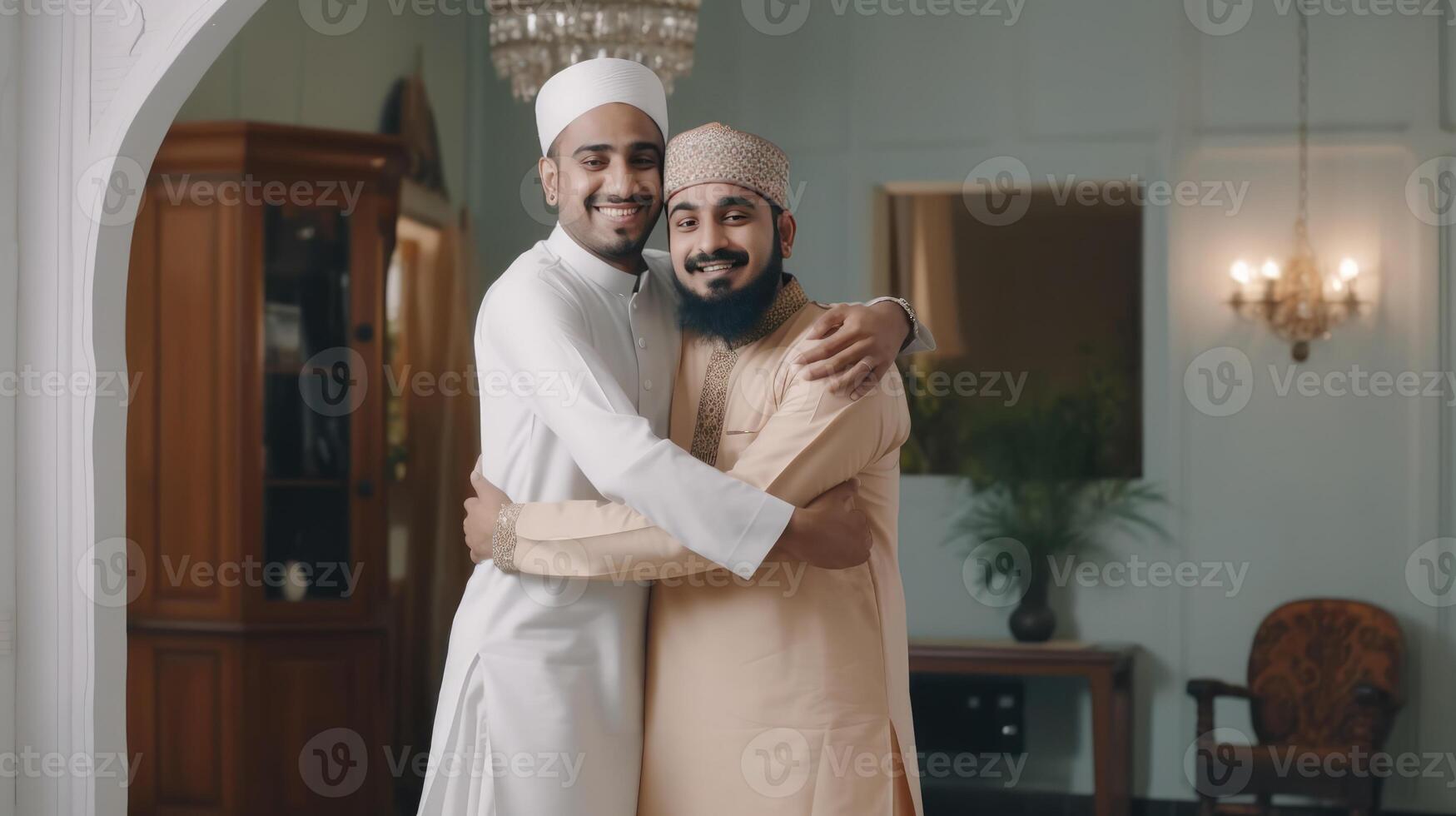 Happy Two Muslim Men Wearing Skull Cap and Traditional Kurta in Hugging Pose During Eid Celebration. . photo