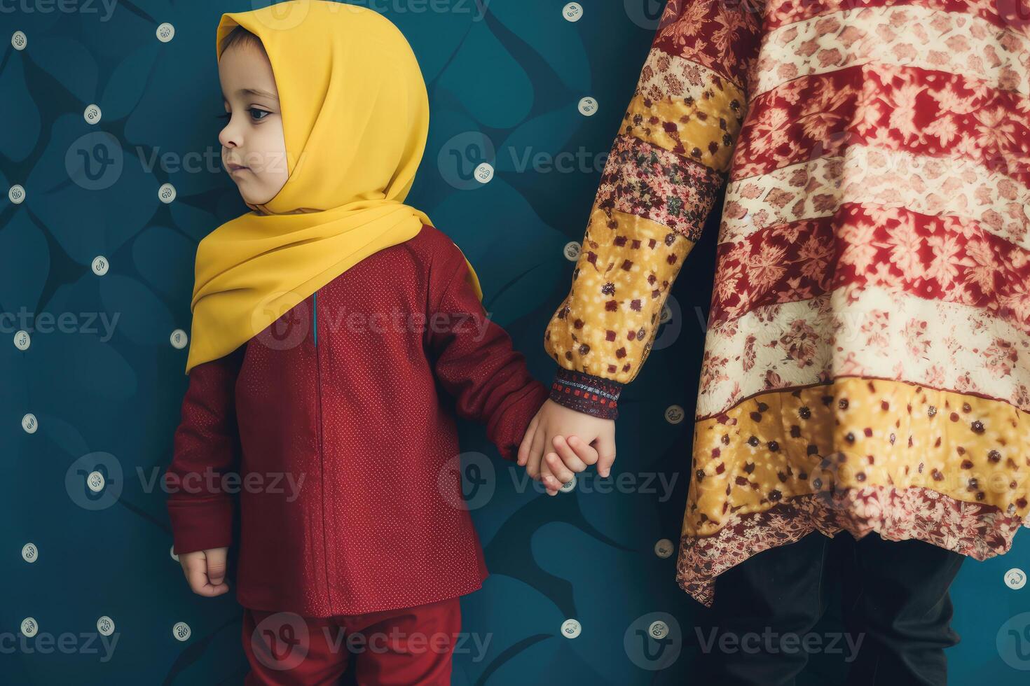 Realistic Portrait of Muslim Kids Holding Hands Together, Illustration. photo