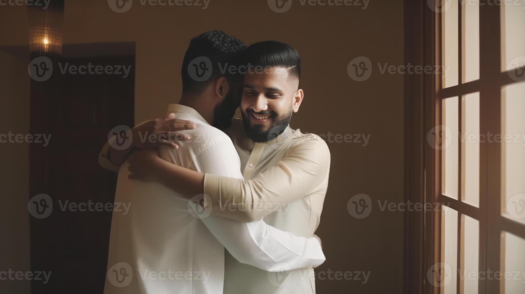 Happy Two Indian Men Hugging and Wishing Each Other During Ceremony, . photo