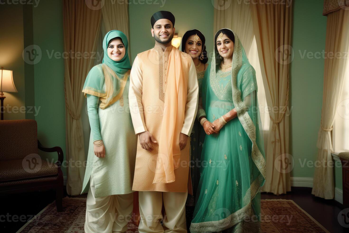 Happy Muslim Family Character Wearing Traditional Attire During Eid Celebration, . photo