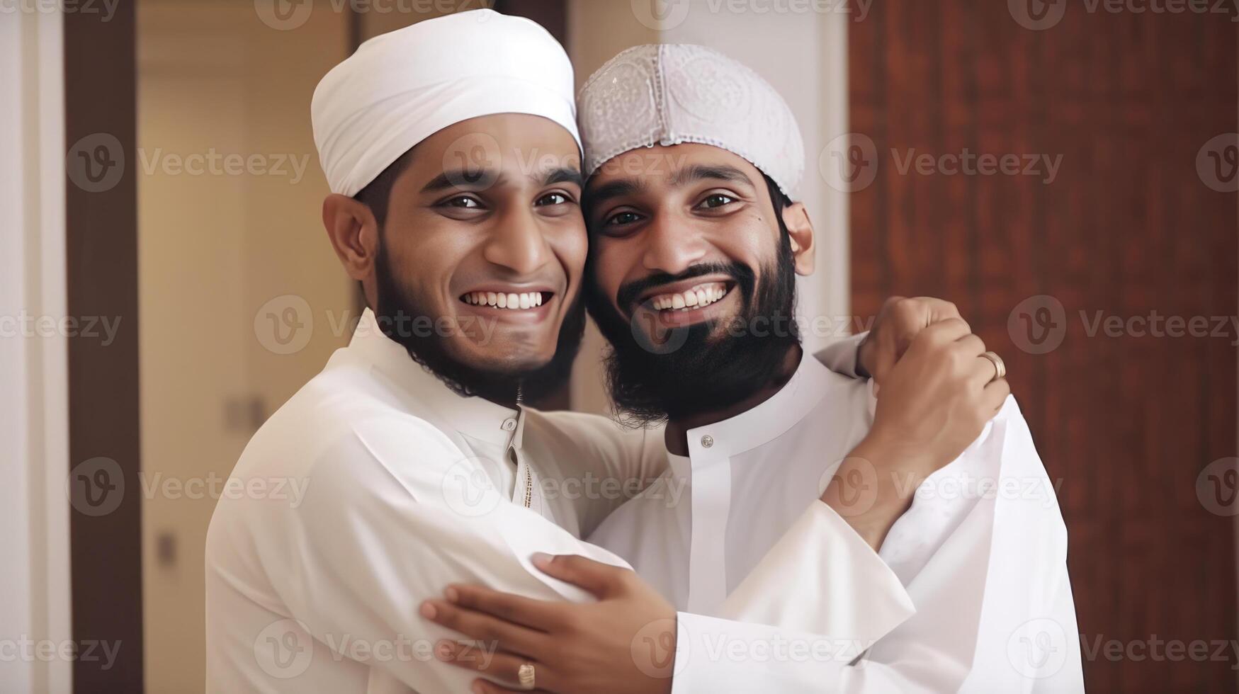 Realistic Portrait of Happy Two Muslim Men Wearing Skull Cap And Traditional Kurta In Hugging Pose at Room. Illustration. photo