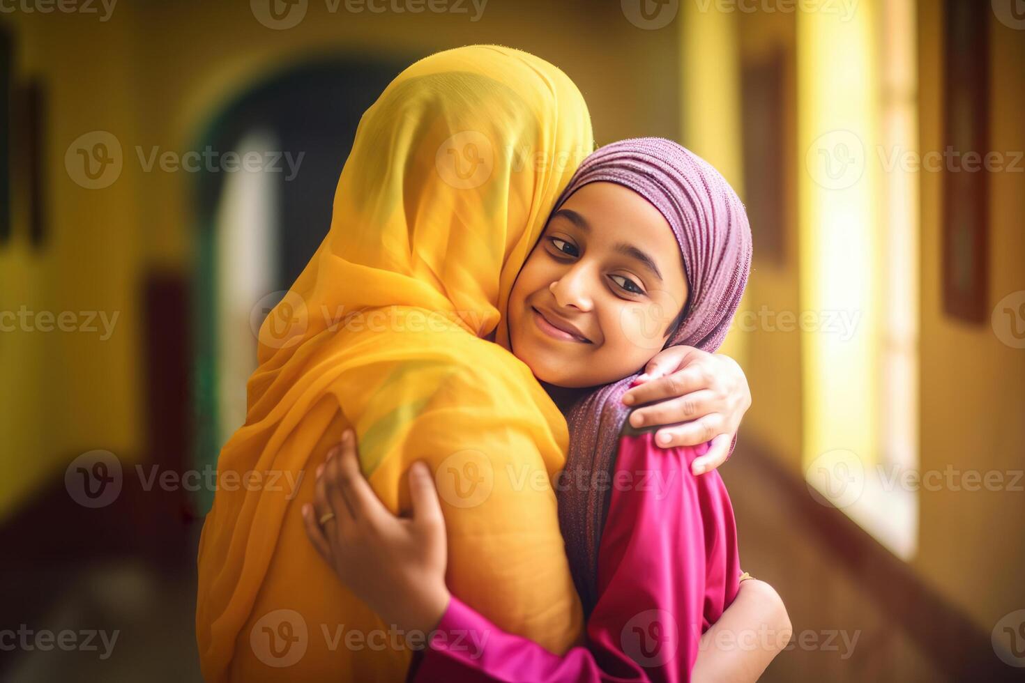 realista retrato de musulmán niña abrazando su mamá en borroso interior fondo, eid mubarak, generativo ai. foto