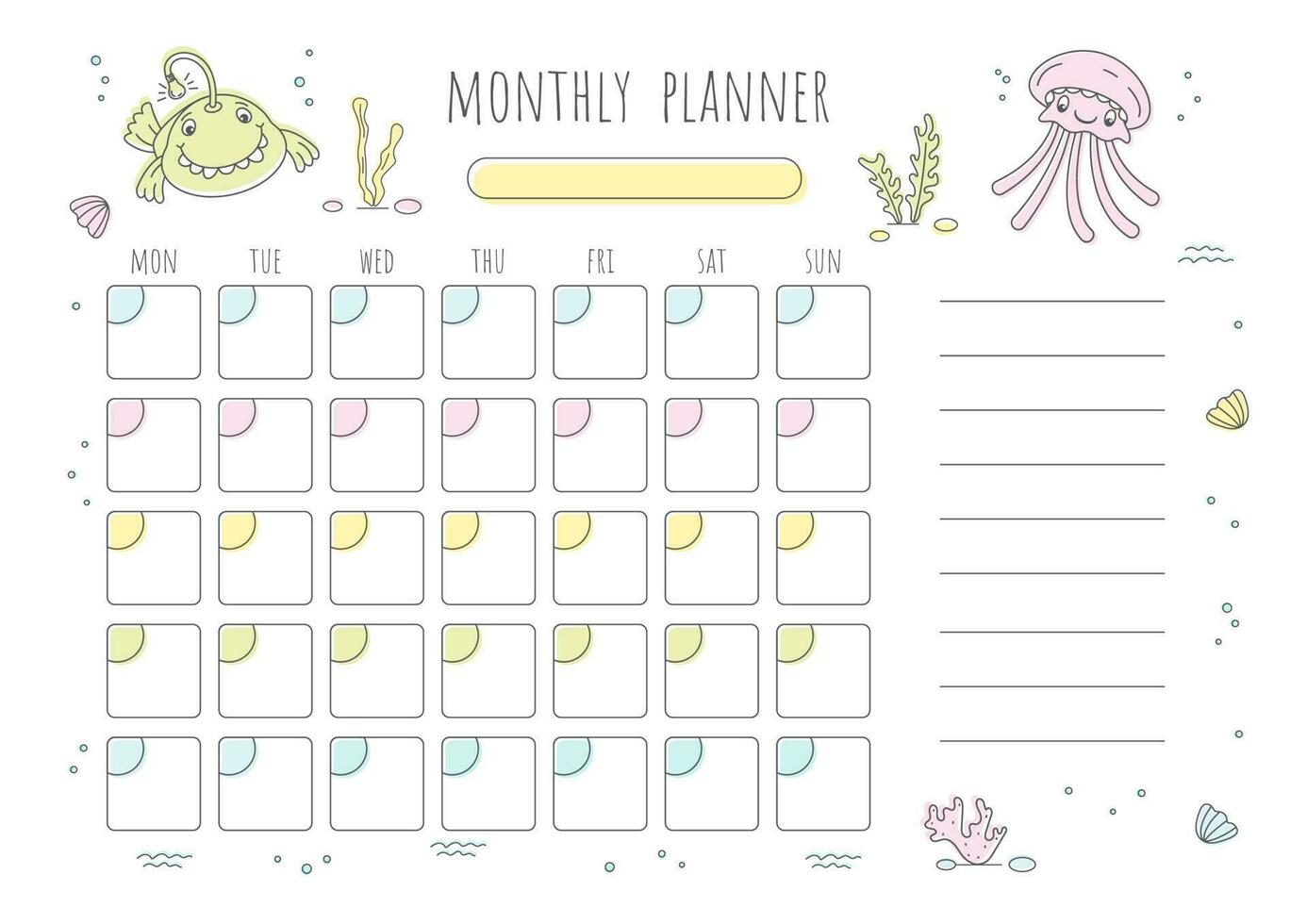 Cute monthly planner with drawn fish. vector