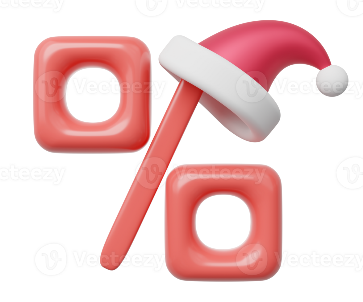 3d percent with Santa Claus red hat. Discount price winter sale floating isolated on transparent . Special discounts, Flash sale, Limited promotion in christmas concept. Cartoon icon smooth. 3d render png