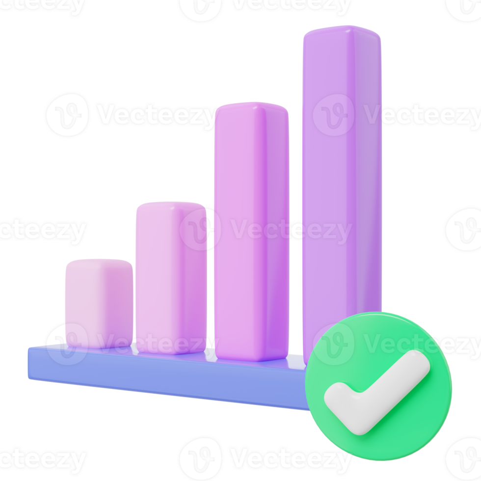 3d graph growth icon with check marks on transparent. Confirmed or approved statistical analysis icon. tools to measure of business success. data element. 3d rendering. png