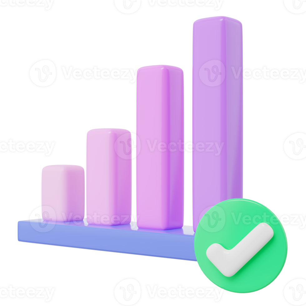 3d grafico crecimiento icono con cheque marcas en transparente. confirmado o aprobado estadístico análisis icono. herramientas a medida de negocio éxito. datos elemento. 3d representación. png