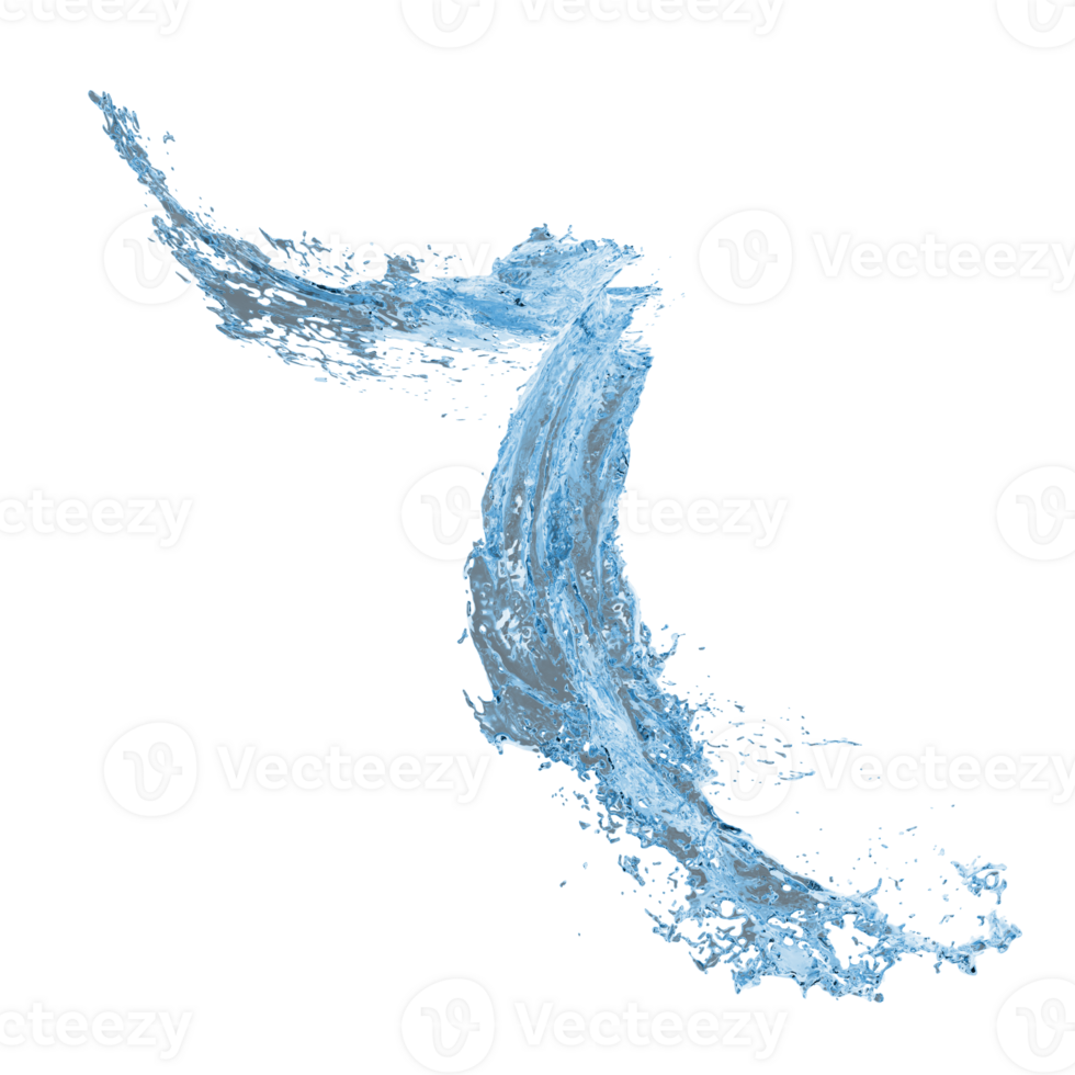 Blue water splash ripples and spiral isolated on transparent. Dynamic motion of fluid. Realistic pure liquid elements for drink, beverage, cleaning products advertising. 3d rendering illustration. png