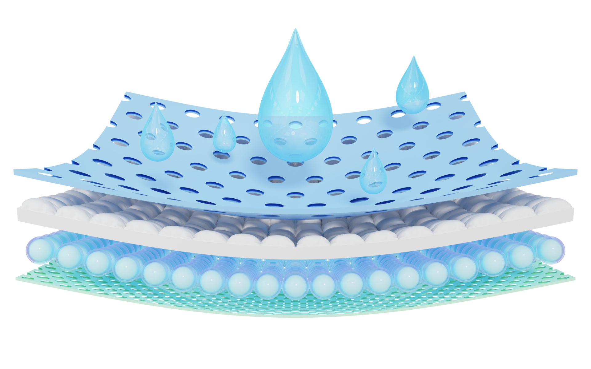 3D Blue water drop fall onto absorbent pad. Close up of moisture