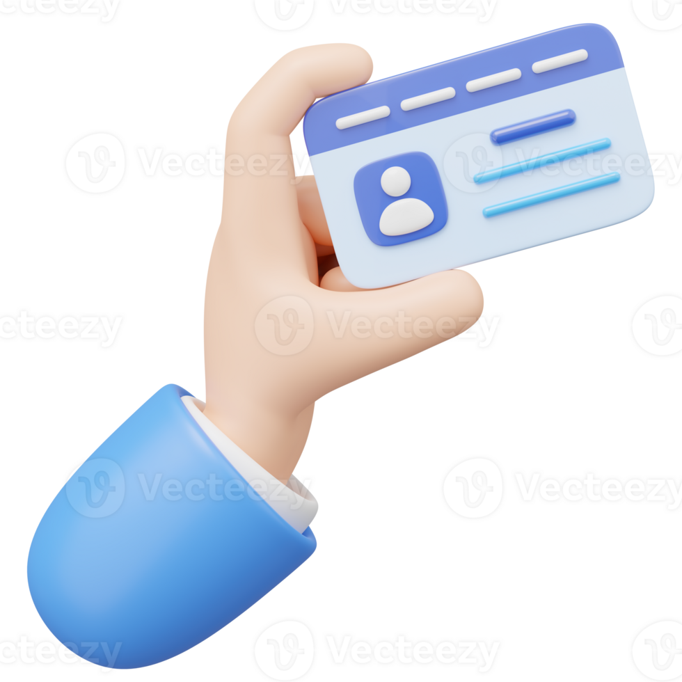 3D Hand holding Id card and floating isolated on transparent. Approve identity verification card. human resources, Plastic identification card, driver license, verify identity concept. 3d rendering. png