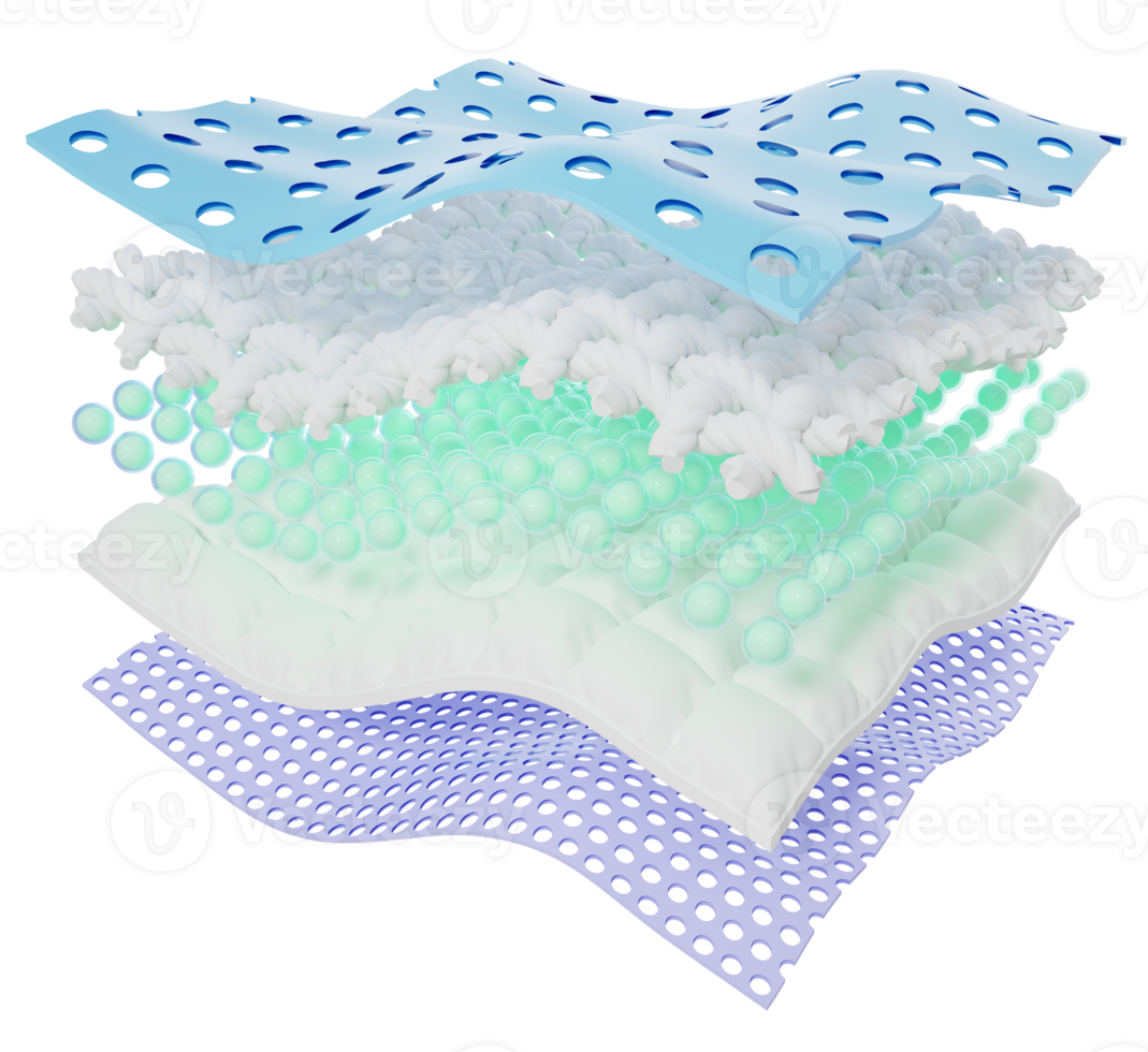 realista em camadas material excelente respirabilidade, umidade absorvente fibra folhas com 5 Seções. odor e água absorvente materiais para bebê e adulto fraldas, sanitário almofada anúncio. 3d renderizar. png