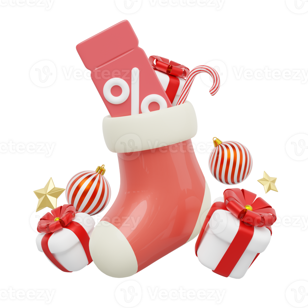 3d Christmas sock with coupon, ball, gift boxes, candy cane, star. Elements of New Year on transparent. Special discounts time, Flash sale, Limited promotion offer concept. 3d Cartoon smooth render. png
