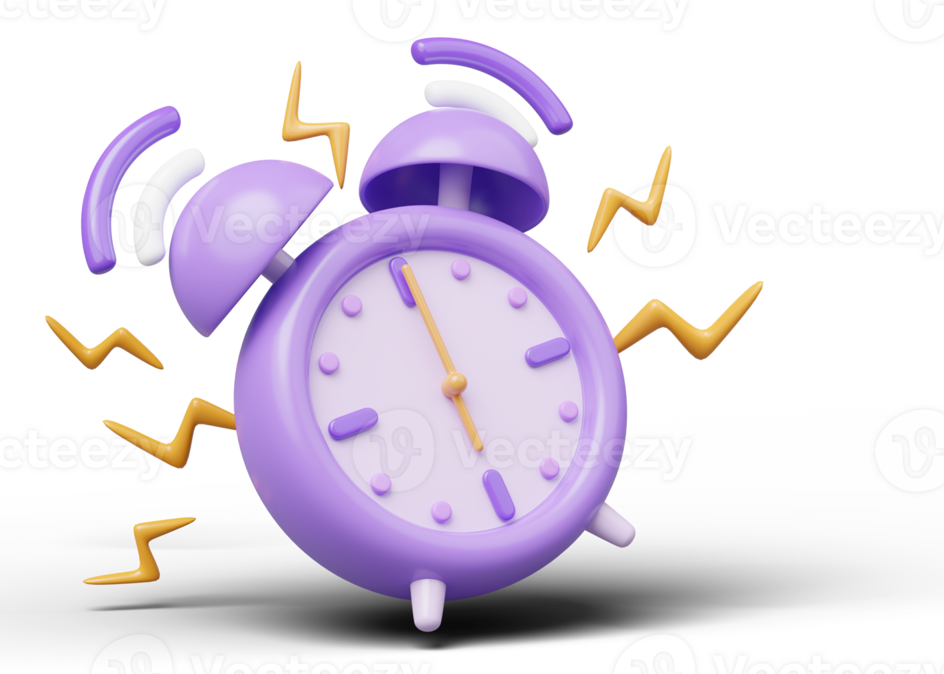 3d Alarm clock icon. Purple vintage clock with twin bell at six o clock, 6 AM PM vibrate alert floating isolated on transparent. Time keeping concept. Cartoon icon smooth. 3d rendering. png