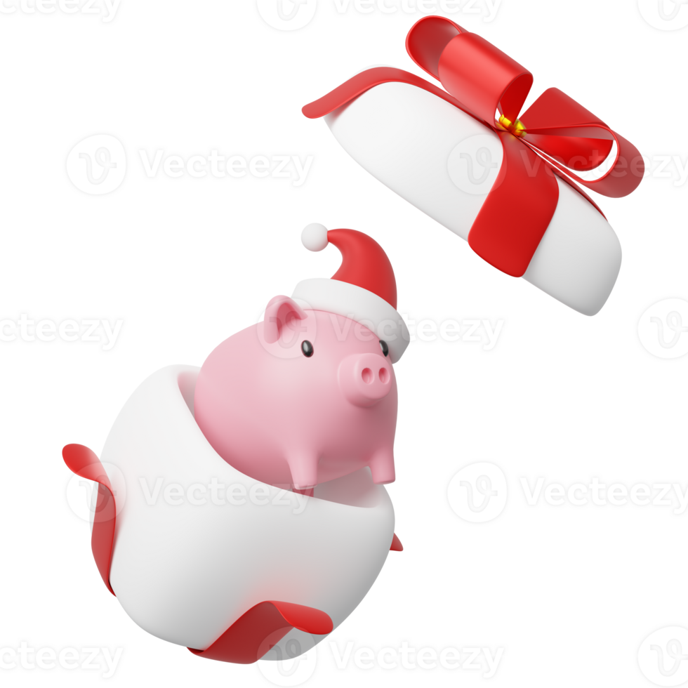 3D Pink piggy bank wearing Santa Claus red hat with gift box floating on transparent. Save dollar in mobile banking. Money box promotion in christmas. Business cartoon icon concept. 3d rendering. png