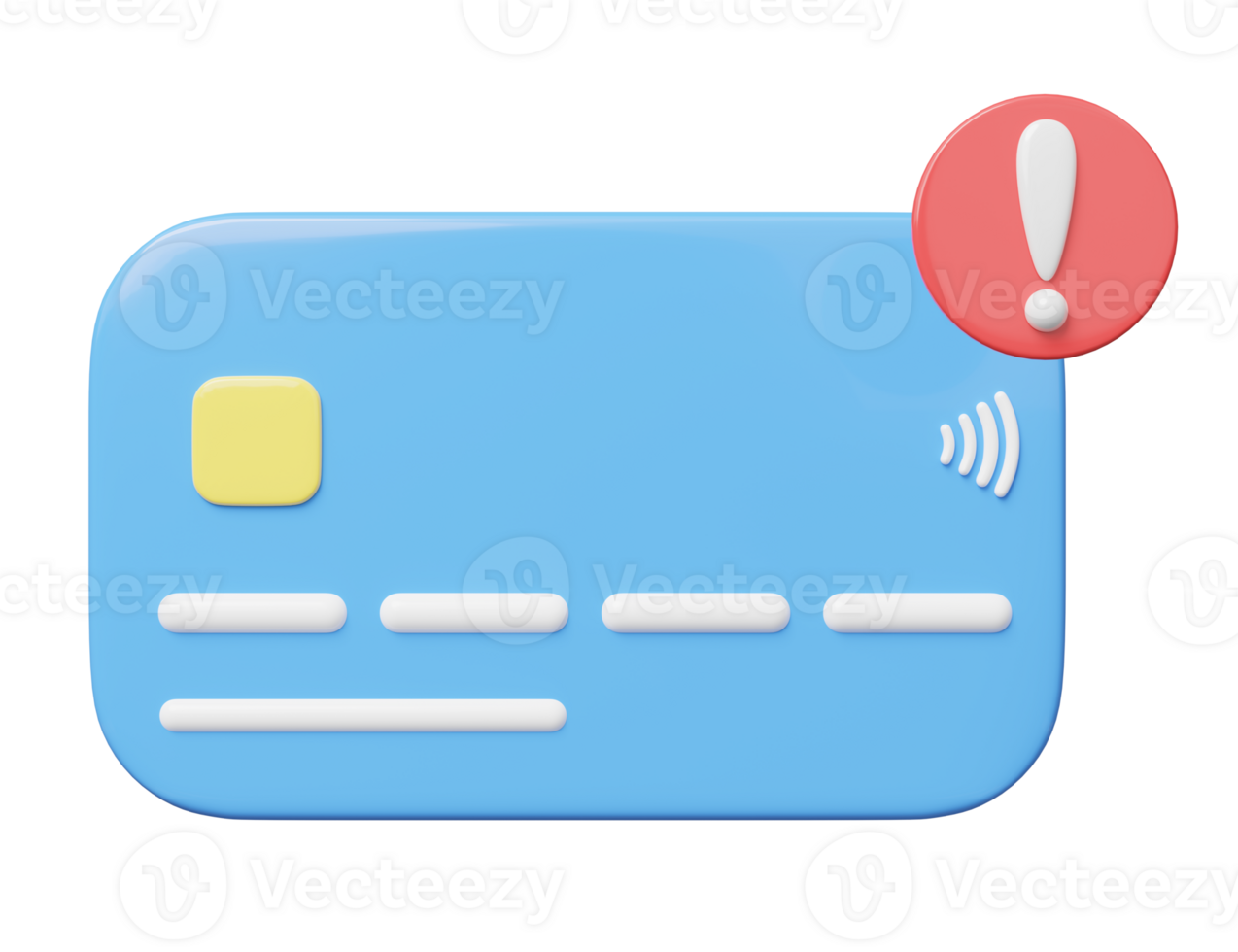 3d crédit carte maquette avec exclamation marque flottant isolé sur transparent notification crédit limite approbation. en ligne bancaire Paiement service. dessin animé icône minimal. 3d rendre. png