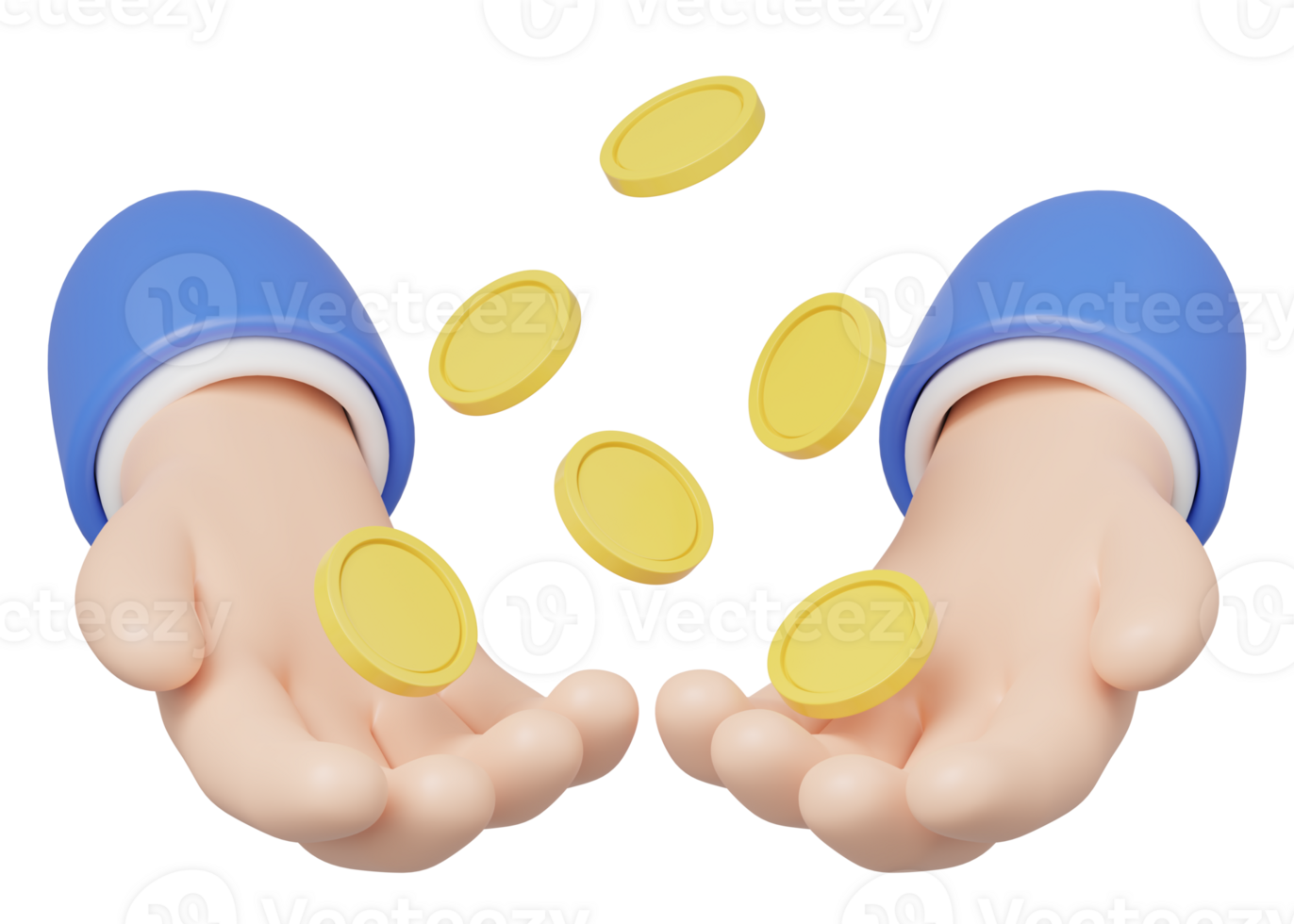 3D Gold coin float in hand isolated on transparent. Business man hold money icon. Mobile banking service, cashback, refund, loan concept. Saving money wealth. Cartoon icon smooth. 3d rendering. png