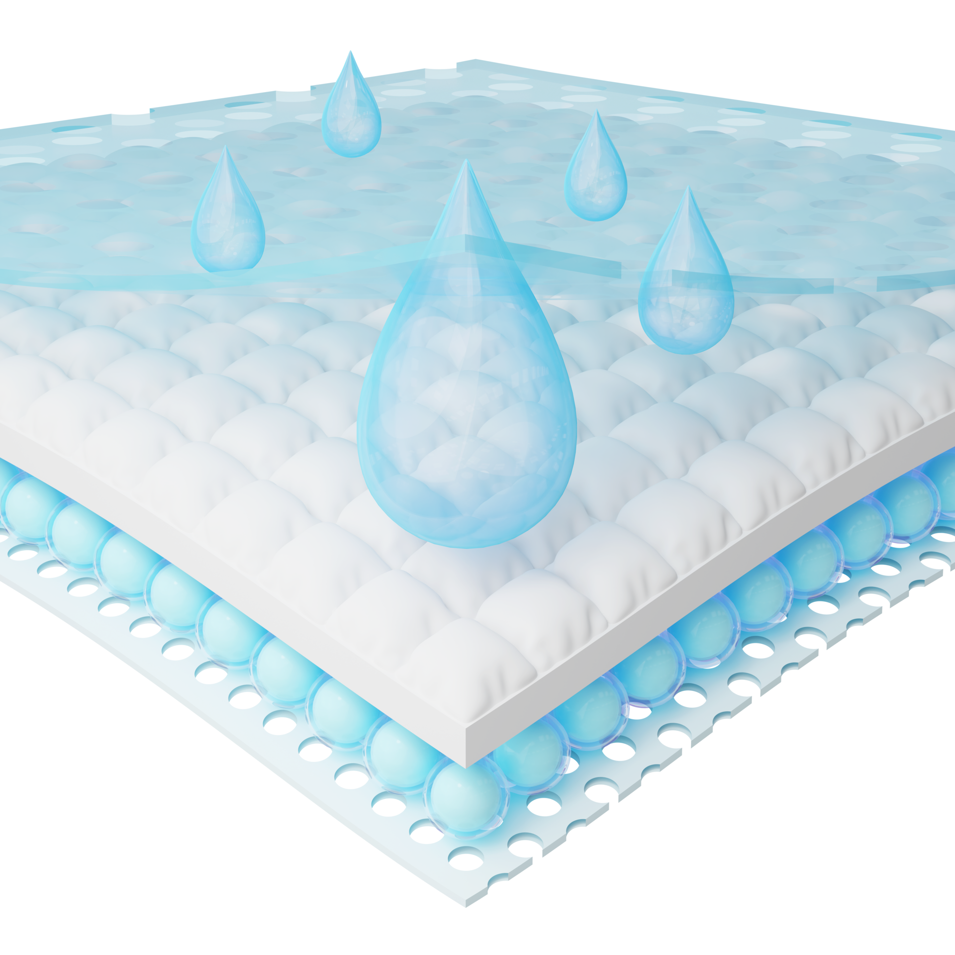 Close up of blue water drop fall onto absorbent pad. 3d moisture