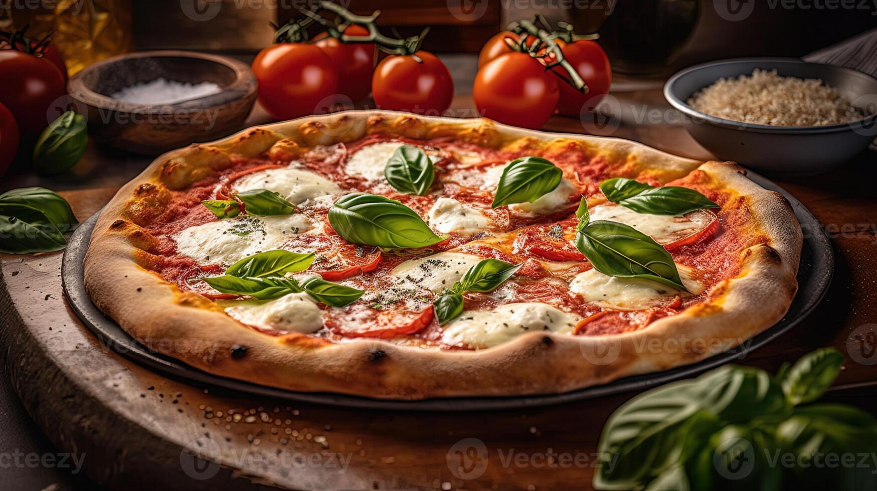 Close up Cravings Margherita Thin Chewy Crust with Buffalo Mozzarella and Basil, Tomatoes on Rustic Wooden Table. . photo
