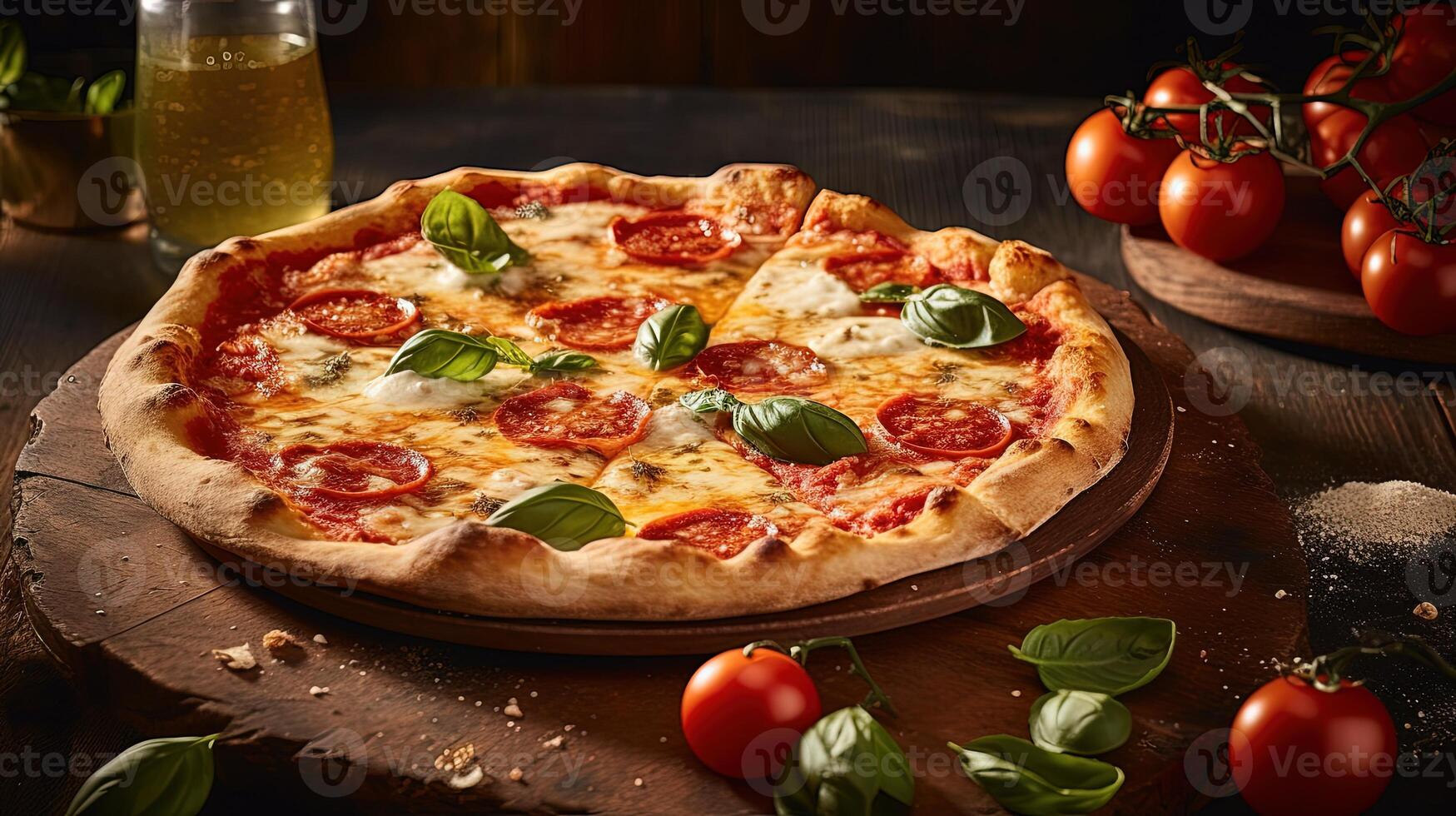 Close up Cravings Margherita Thin Chewy Crust with Buffalo Mozzarella and Basil, Tomatoes on Rustic Wooden Table. . photo