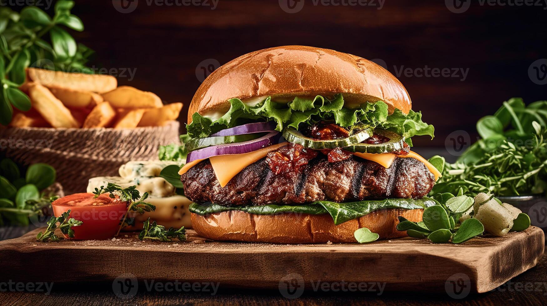 Delicious Craft Beef Sandwich with Cheddar, Lettuce on Wooden Table Top. . photo