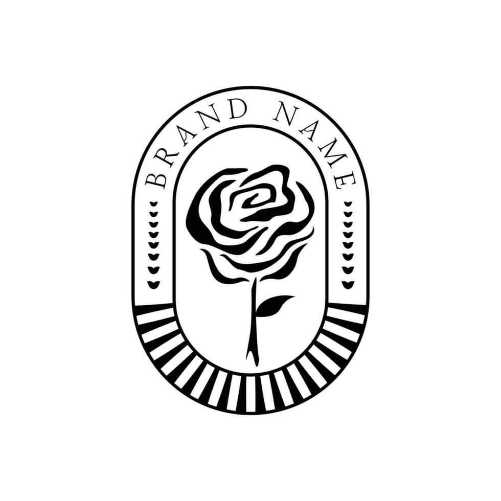 Rose flower petal line and branch with leaves vector logo emblem design template illustration simple minimal linear style. Outline graphics for cosmetic product packaging and garden flowers shop