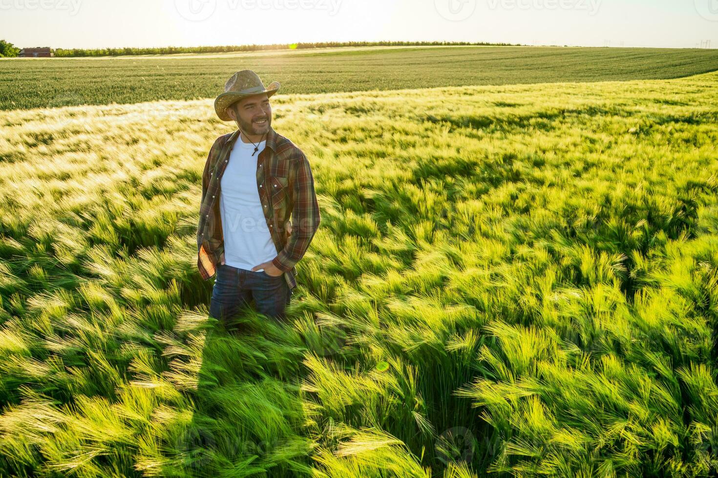 granjero es cultivando cebada. él es satisfecho porque de bueno estación. foto
