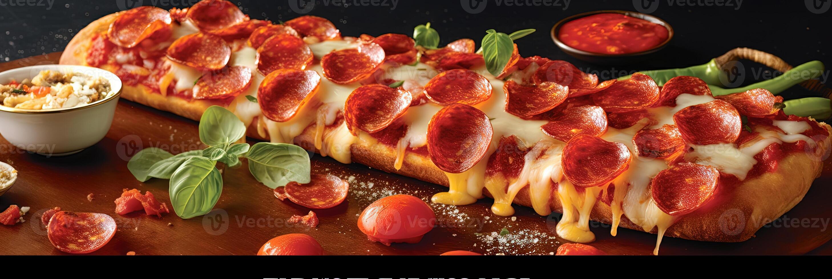 Close up a Strip Slice of Pepperoni Pizza with Melted Cheese and Tomato Sauce on Table Top View. photo