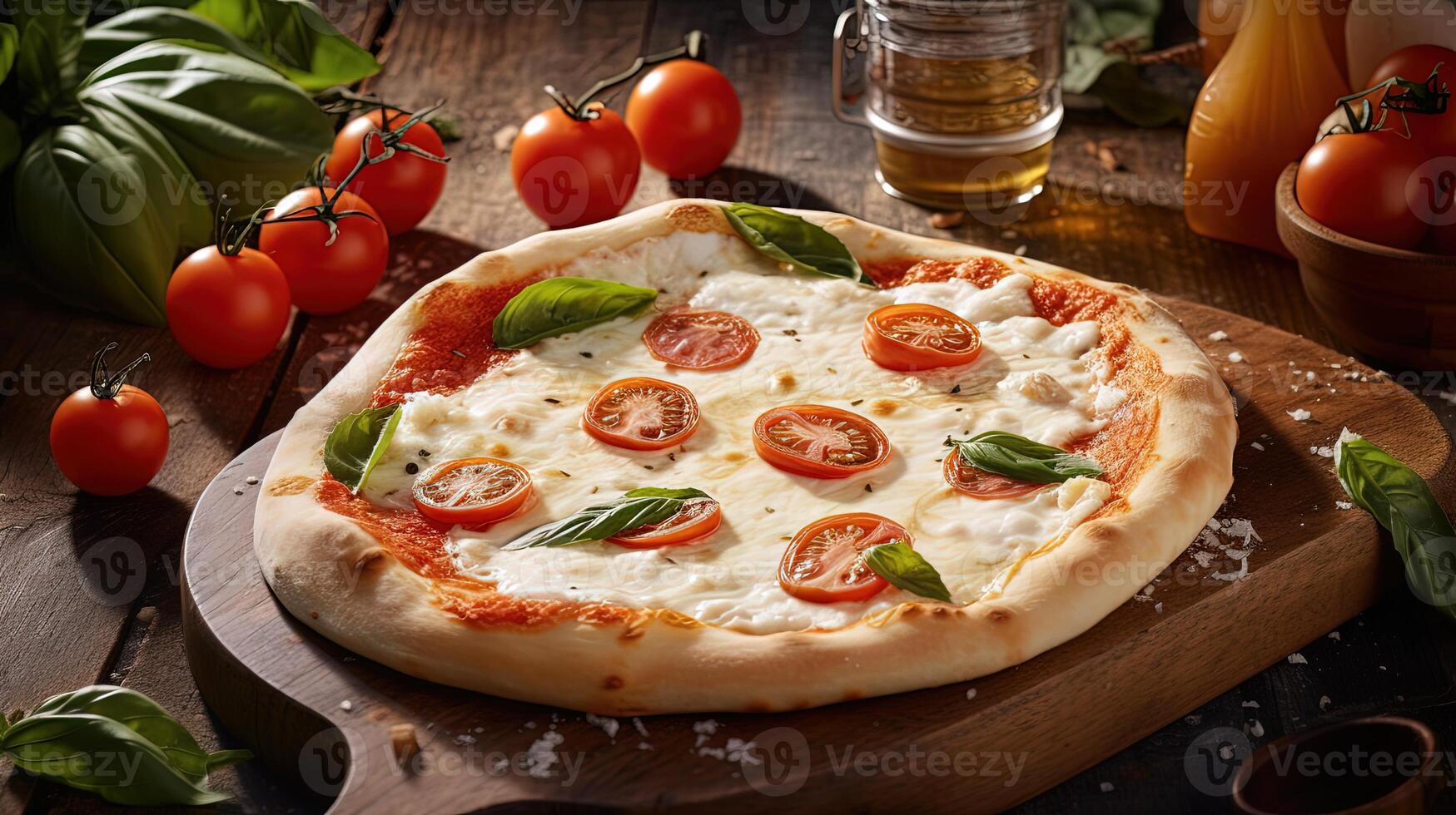 Delicious Margherita or White Pizza with Thin Tomato Piece, Basil Leaves on Wooden Cutting Board. Food Photography, . photo